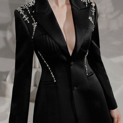 Blazer Diamond Crystals  Black Suit Dress Mid-Waist A- Line Premium