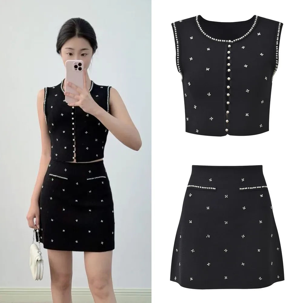 Sandro Summer New French Style Heavy Beaded Slim Fit Black Round Neck Sleeveless Top + Skirt