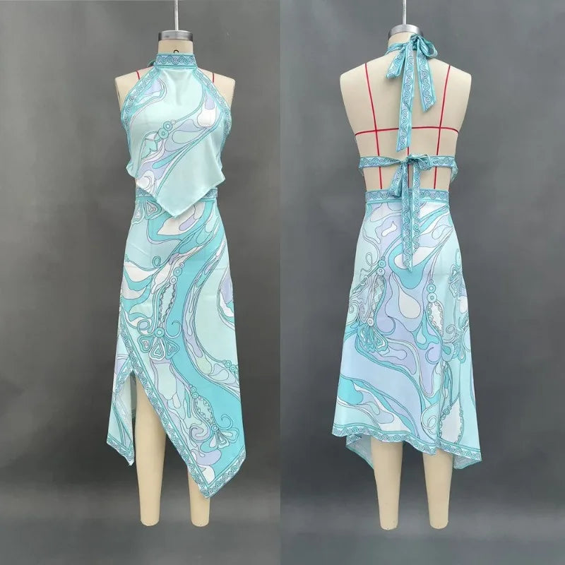 Irregular Satin Print Suit Women Halter Neck Lace Up Tank Top Midi Skirt 2 Pieces Set 2026 New Lady Summer Casual Vacation Wear