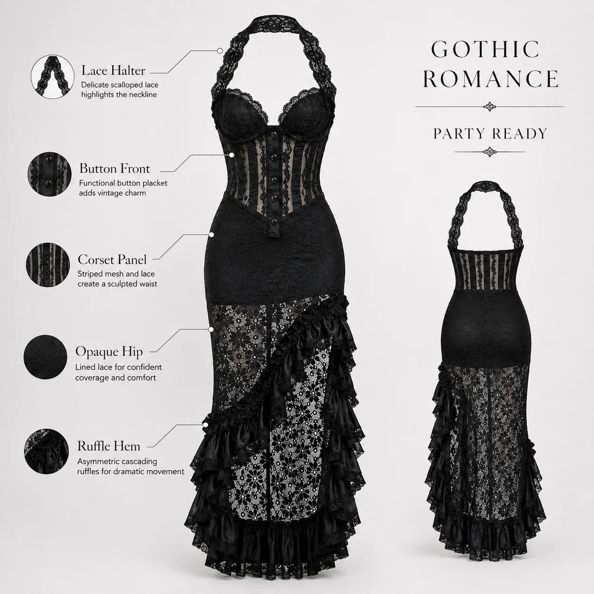 Women's Gothic Lace Halter Midi Dress Sleeveless Corset Bodycon Asymmetrical Hem Sheer Patchwork Party Dress