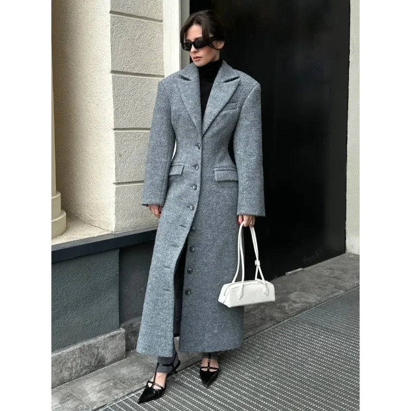 Solid Waist Cinching Woolen Blend Overcoat