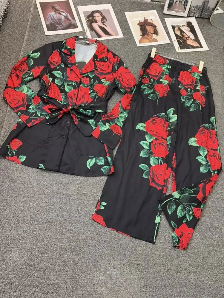 Autumn Fashion Printed Satin Two-Piece Pants Long-Sleeved Lace-Up Shirt Jacket Elastic Waist Wide-Leg Pants Home Wear Women's Su - Shellss