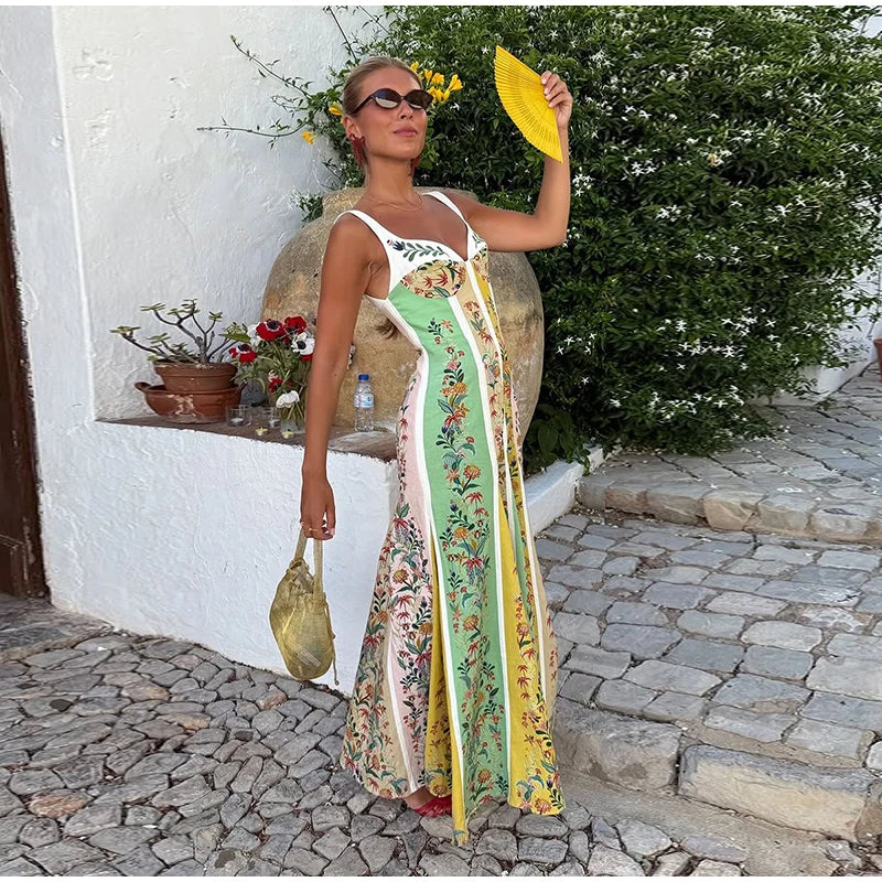Women's Floral Print Linen Blend Maxi Dress Sweetheart Neckline Sleeveless Panelled Form With Contrast Floral Print