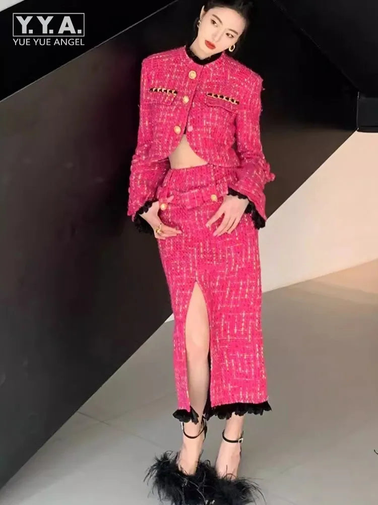 Pink Tweed Short Jacket & Skirt Two Piece - Shellss