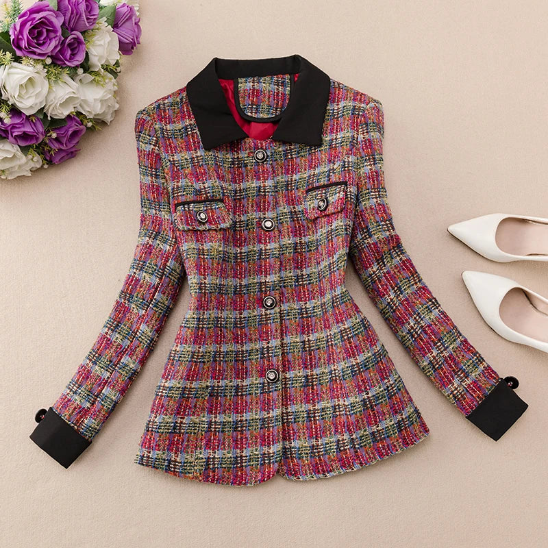 Autumn Plaid Splicing Slimming Flip Collar