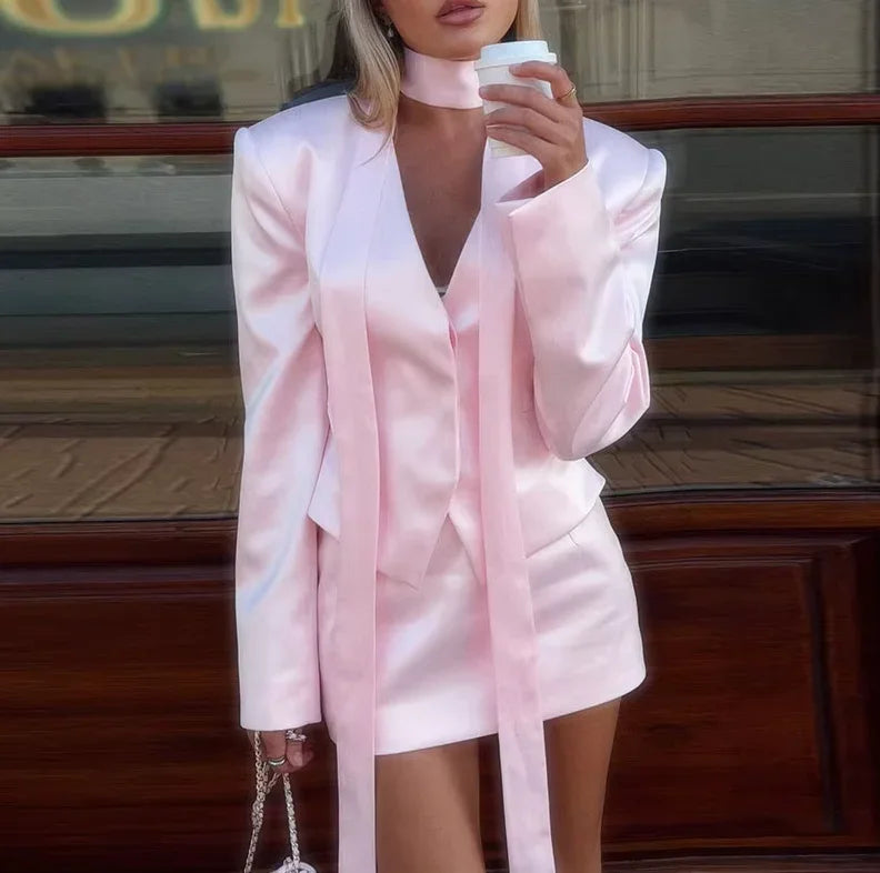 Solid Cropped Satin Blazer & Skirt Set