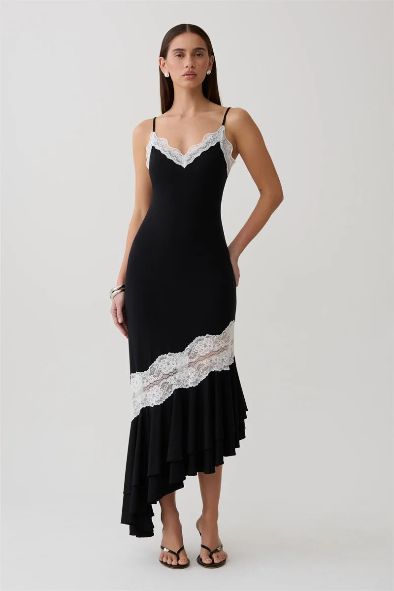 Mozision Women Spaghetti Strap V‑Neck Sexy Midi Dress Contrast White Lace Patchwork Ruffle Hem Bodycon Party Evening Dresses
