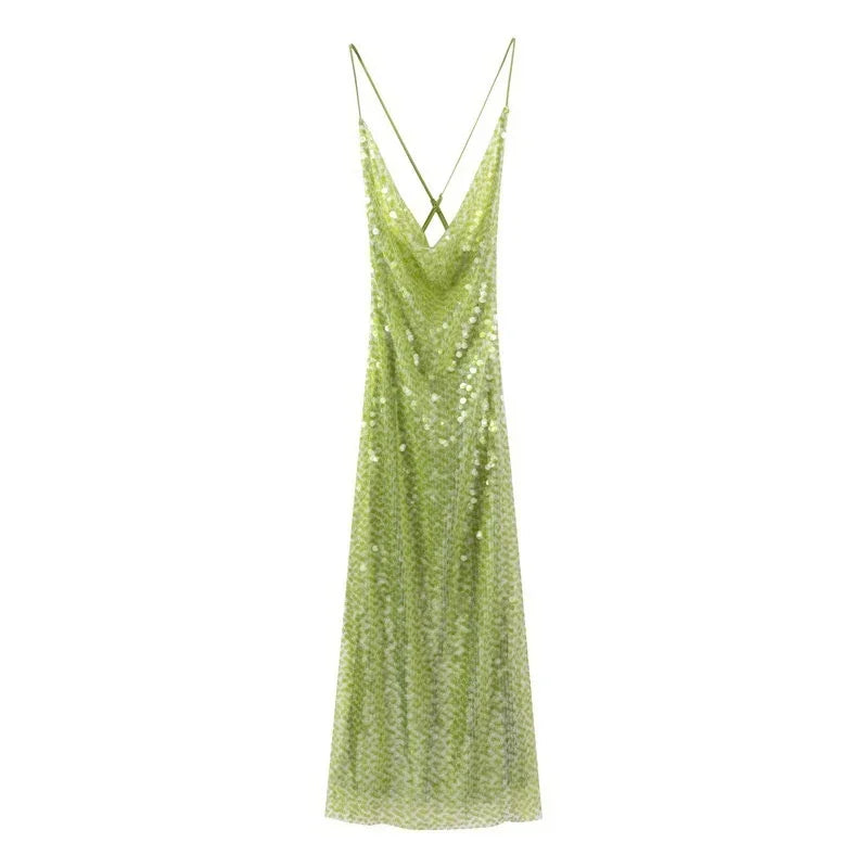 Sequin Deep V-neck Long Dress Women Chic Sleeveless Spaghetti Strap Backless Mermaid Robes Lady Sexy Evening New Party Dresses