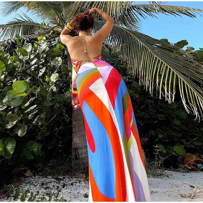 Fashion Printed Halter Vest Skirts Sets Women's Sleeveless Backless Tops Floor-length Skirt 2025 Summe New Beach Vacation suit