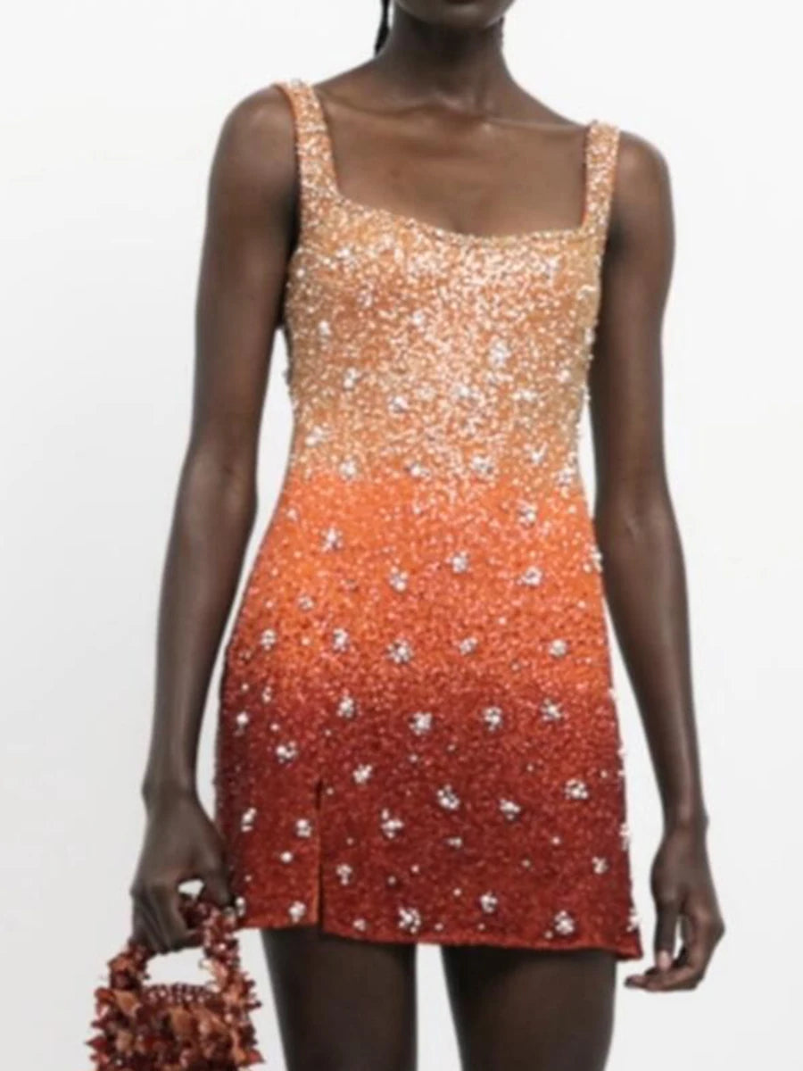 Summer New Temperament Sequin Slim Evening Dress Casual Square Collar Pearl Vestidos Hollow Sleeveless Suspender Club Dresses