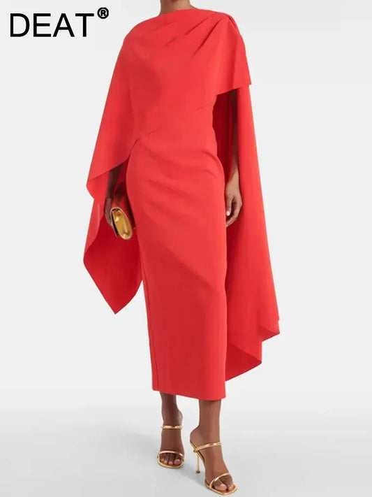 Elegant Red Dress Cape Sleeve Asymmetrical