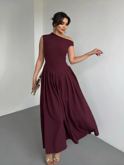 Elegant Wine Red Irregular Neck High Waist Pleated Hem