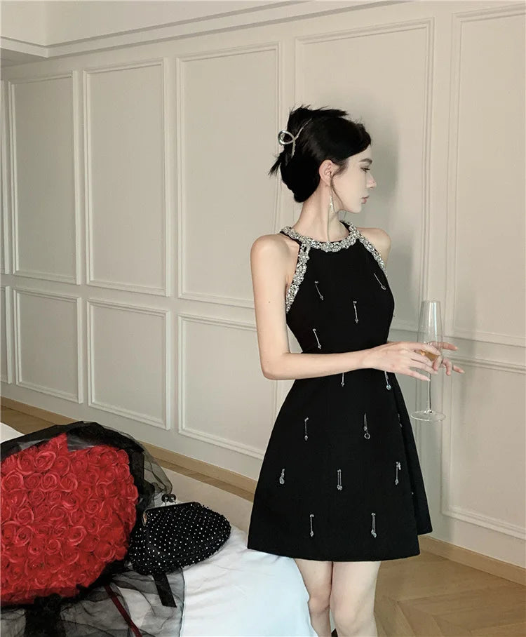 High Quality French Luxury Diamonds Beading Party Dresses For Women 2023 Summer New Elegant Fashion Sleeveless Sexy Dress Robes