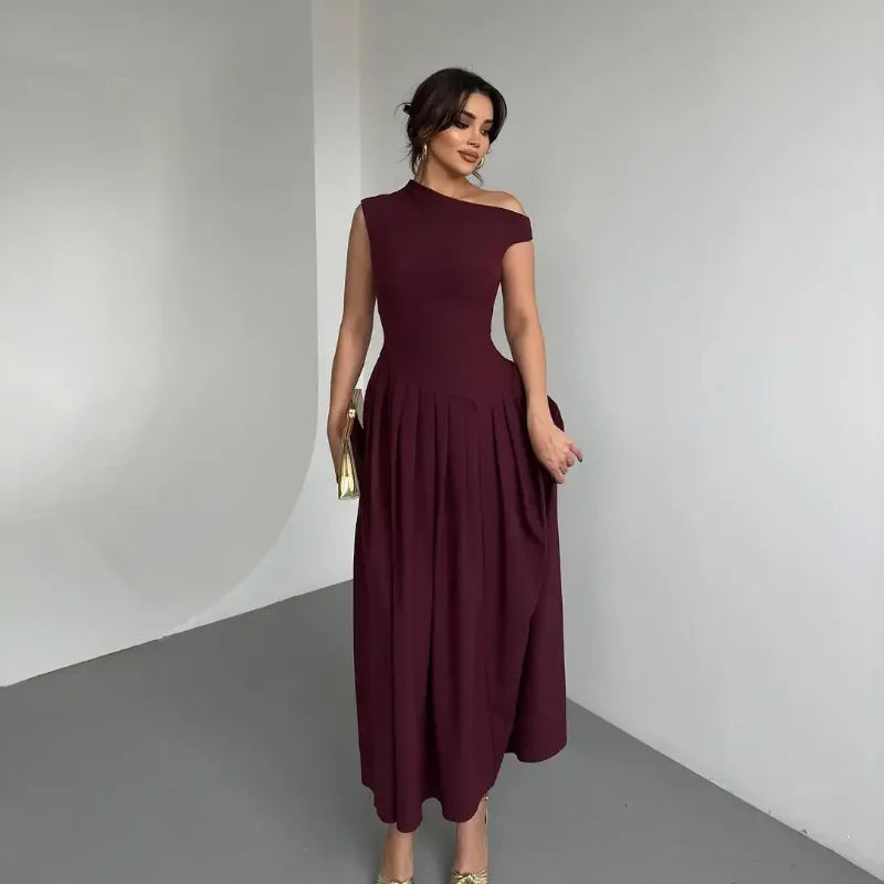 Elegant Wine Red Irregular Neck High Waist Pleated Hem