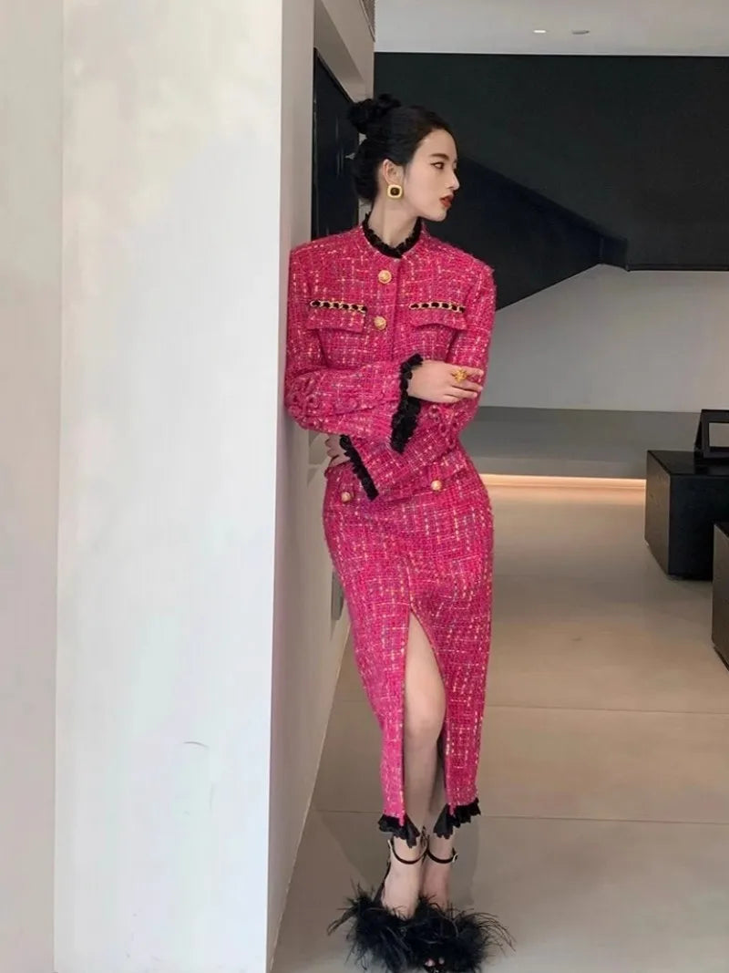 Pink Tweed Short Jacket & Skirt Two Piece - Shellss