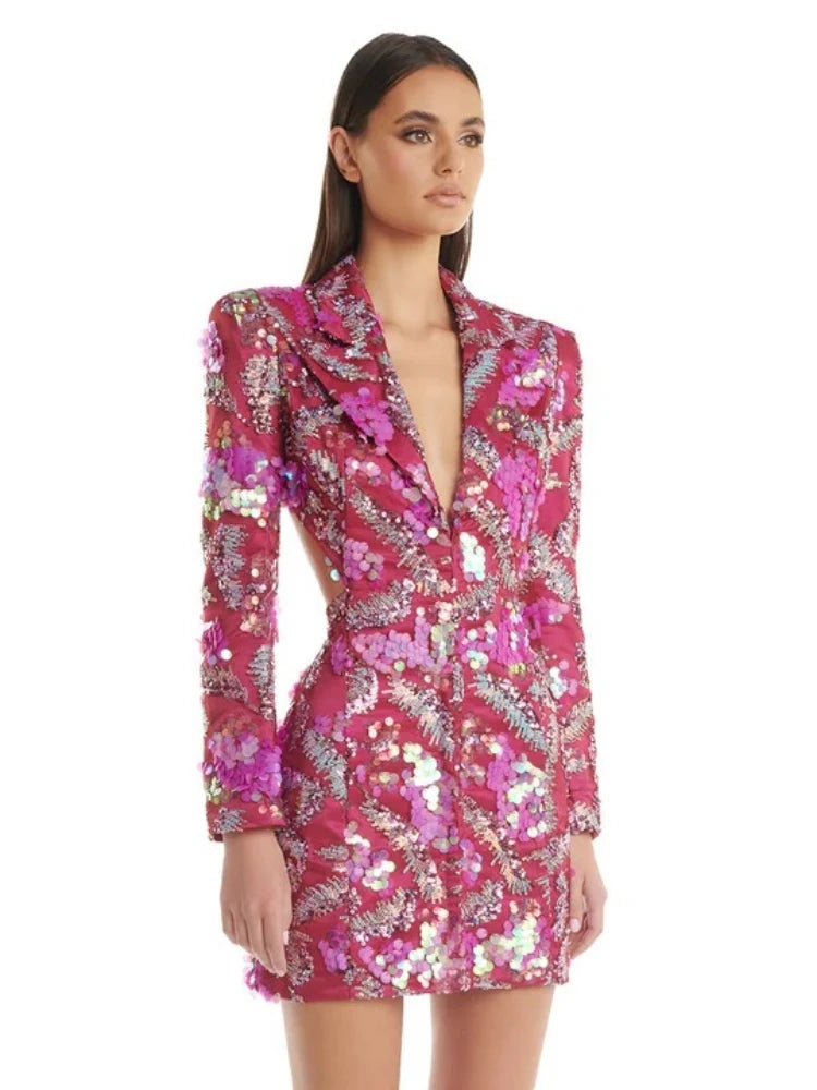 Beautiful Pink Blazer Mini Dress Sexy Backless Sequined Premium party collection