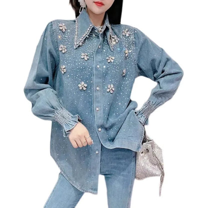 2025 Chic Diamonds Beaded Flowers Denim Blouses Rhinestones