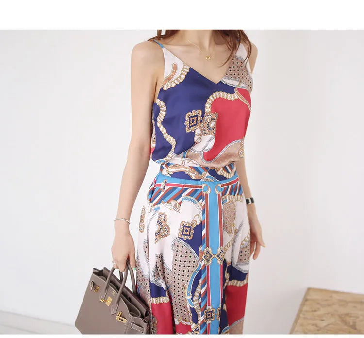 H Han Queen Hot Sale Summer Women Print Work 2 Pieces Set Camisole Top Blouses + Vintage A-Line Skirt Korean Simple Skirt Suit
