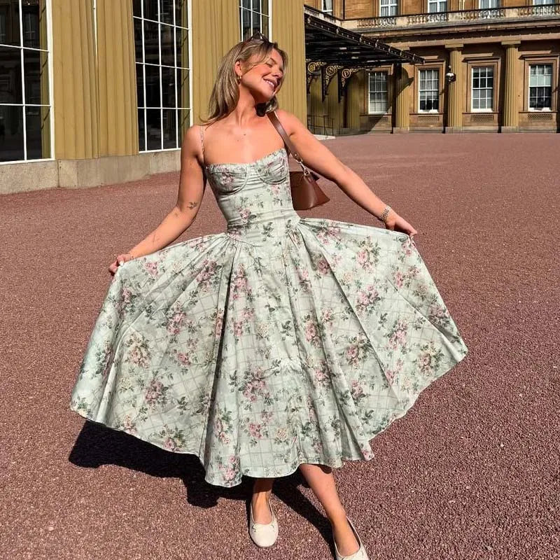 YENKYE Green Floral Print Sexy Spaghetti Straps Dress Women Low Waist A-line Midi Holiday Summer Dresses Party Robe 2025 Vestido - Shellss