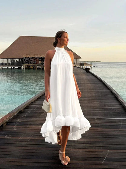 Chic White Round Neck Sleeveless Long Dress Elegant Off-the-shoulder Irregular Hem Gown New Female Summer Beach Club Vestidos