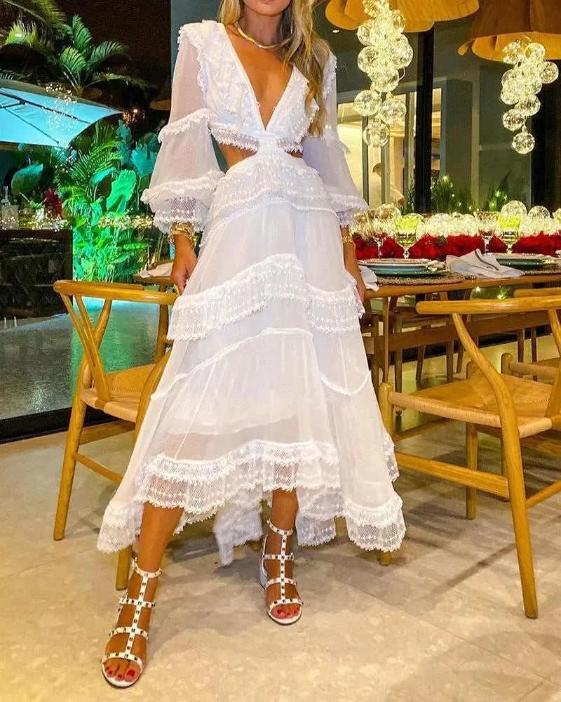 White Lace Waist Cinching Dress