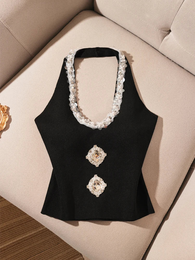 Heavy-Embroidered Diamond Backless Hanging Neck  Strap Vest Women Summer Slim Fit Short Spicy Sleeveless Black Top Women