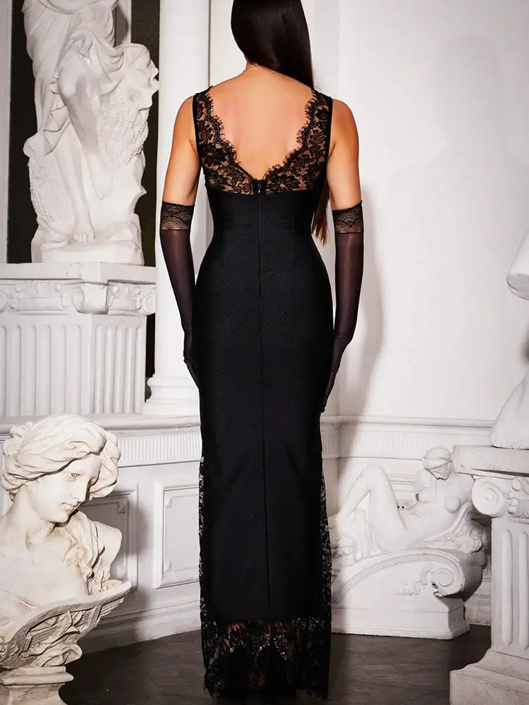 2026 Summer Fashion New Women's Elegant Lace Edge Strap Skirt Satin Splicing Sexy Temperament Bag Hip Split Dress