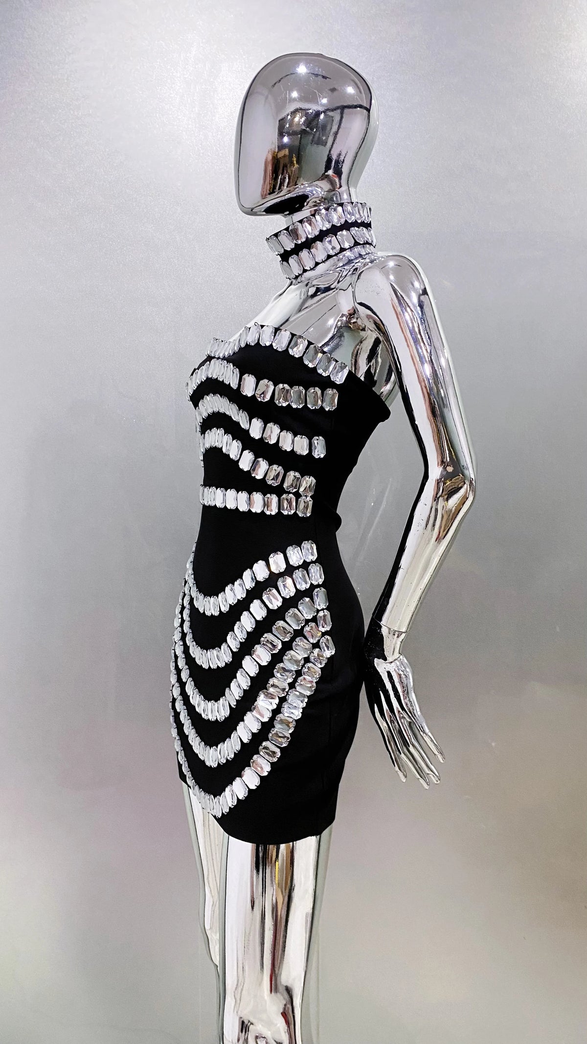 Sparkly Big Crystal Women Sexy Strapless Bodycon Mini Bandage Dress Necklace Celebrate Nightclub Party Photo Shoot Wear