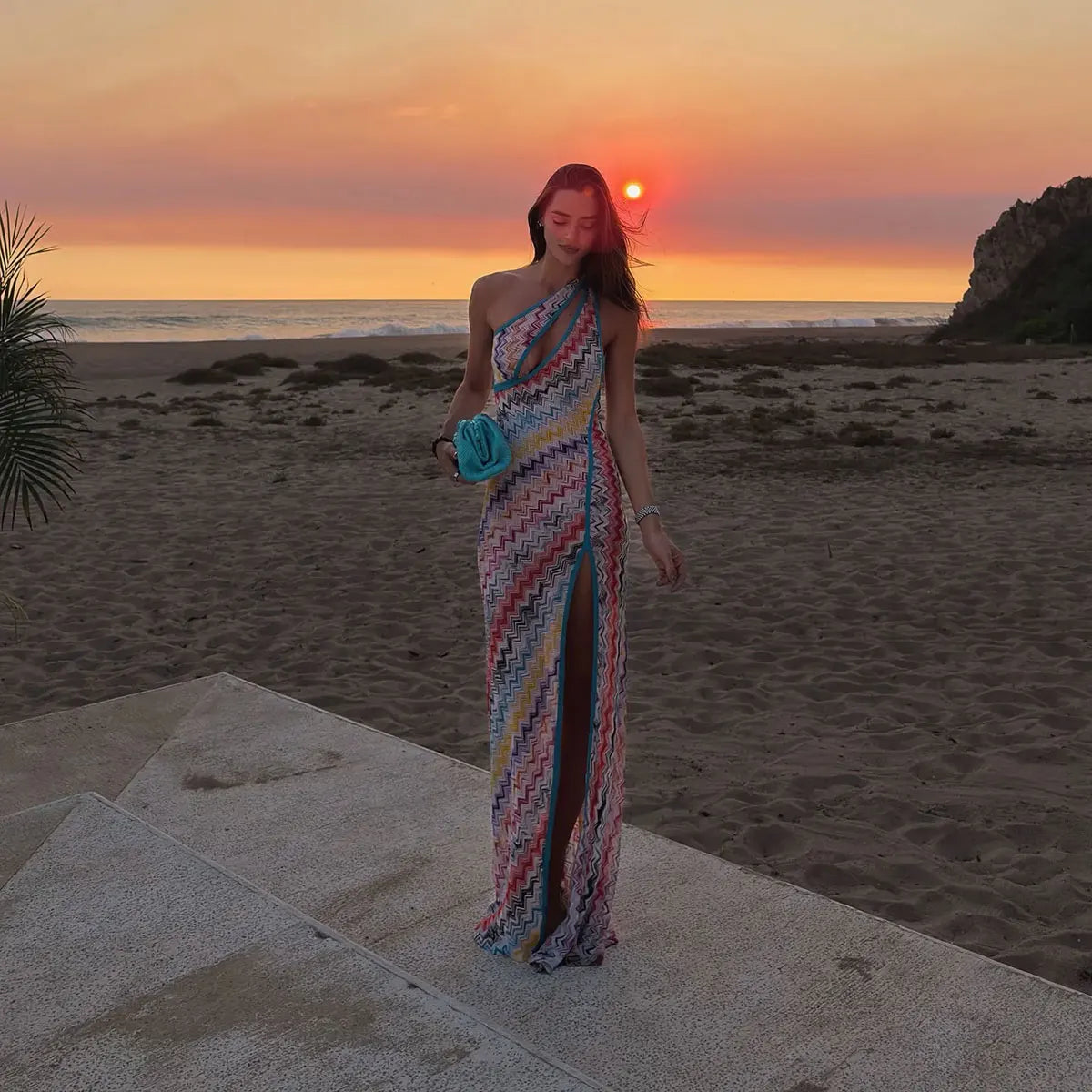 One Shoulder Dress Cutout Mesh Cover Up Colorful Print Swimsuit Coverup Bodycon Maxi Dress Beachwear Resortwear Outfits - Shellss