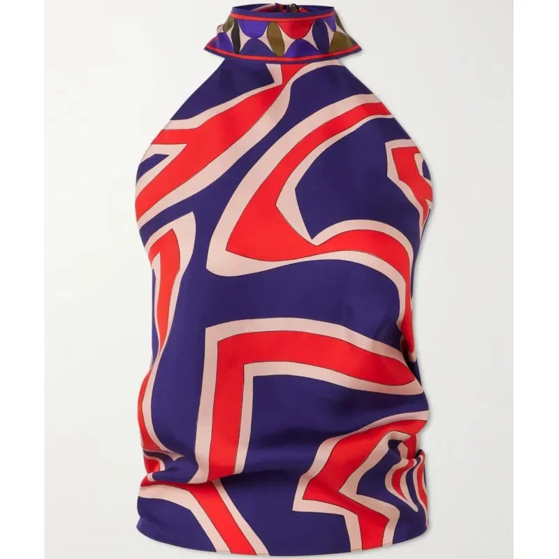 Women's Vintage Skirt Two-piece Set Summer New Printed Halter Suit Women Satin Irregular Skirt Two-piece Holiday Style Clothing