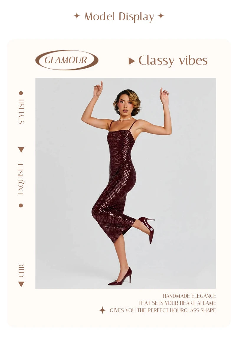 Burgundy Sequin Spaghetti Strap Midi Dress Bodycon Sparkly Evening Party Cocktail Formal Dress Women's Slim Fit Backless Gown