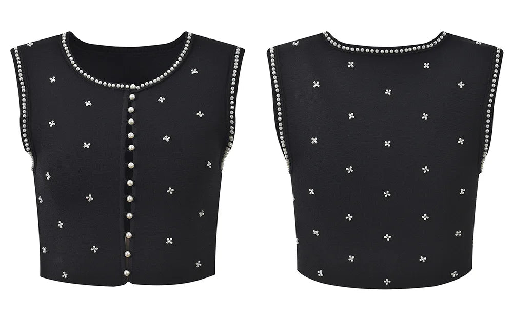 Sandro Summer New French Style Heavy Beaded Slim Fit Black Round Neck Sleeveless Top + Skirt