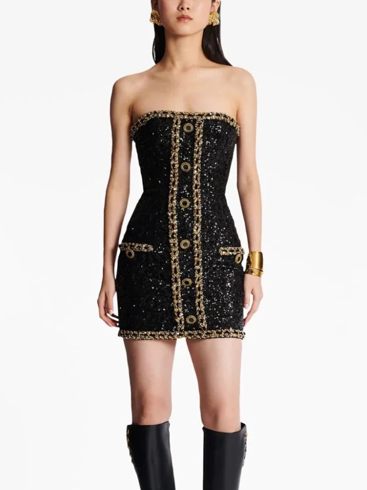 HIGH STREET Newest 2026  Designer Runway Fashion Women's Gold Chains Sequined Strapless Sheath Tube Dress