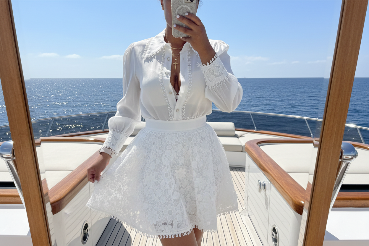 White Lace Patchwork Long-sleeved Shirt Dress Set