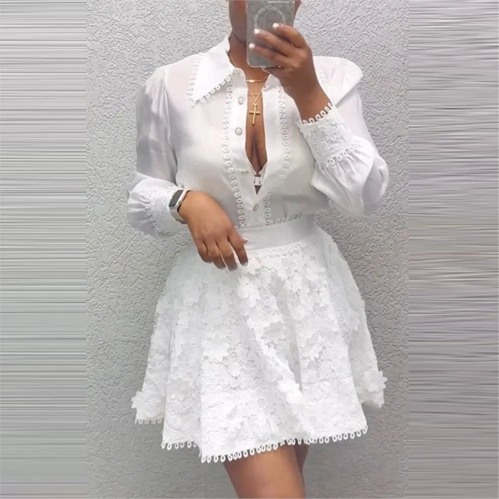 White Lace Patchwork Long-sleeved Shirt Dress Set