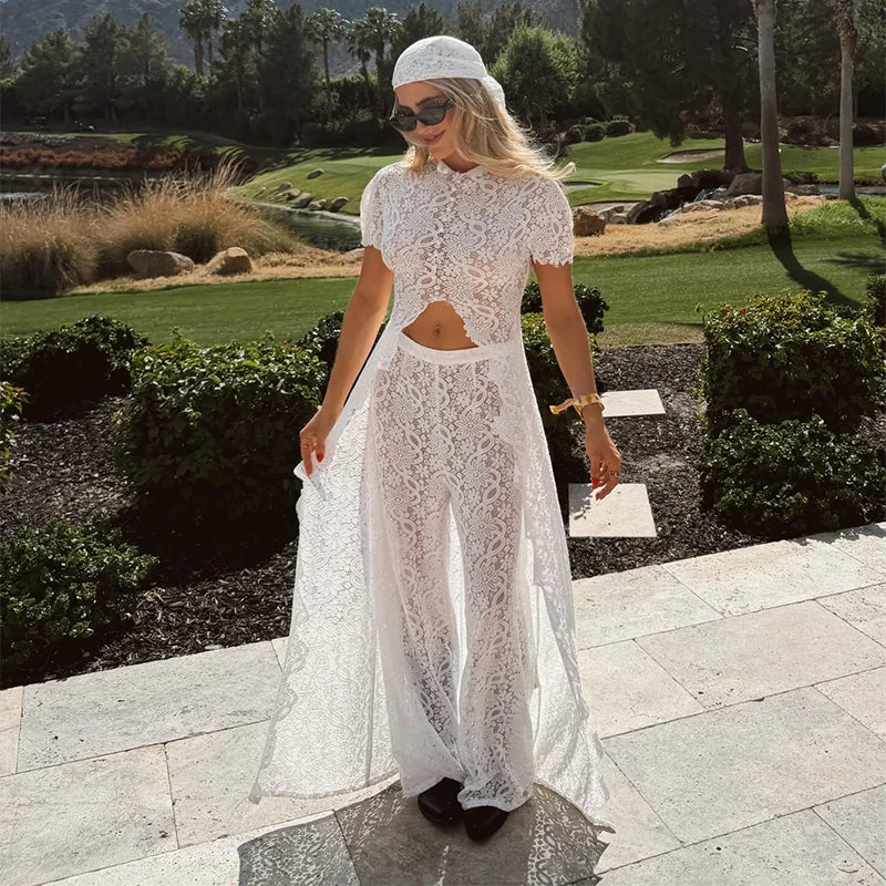 Chic Hollow Out Lace Long Cardigan Pant Sets Short Sleeve O Neck Crop Top High Waist Big Leg Lace Trousers 2026 New Lady Outfits