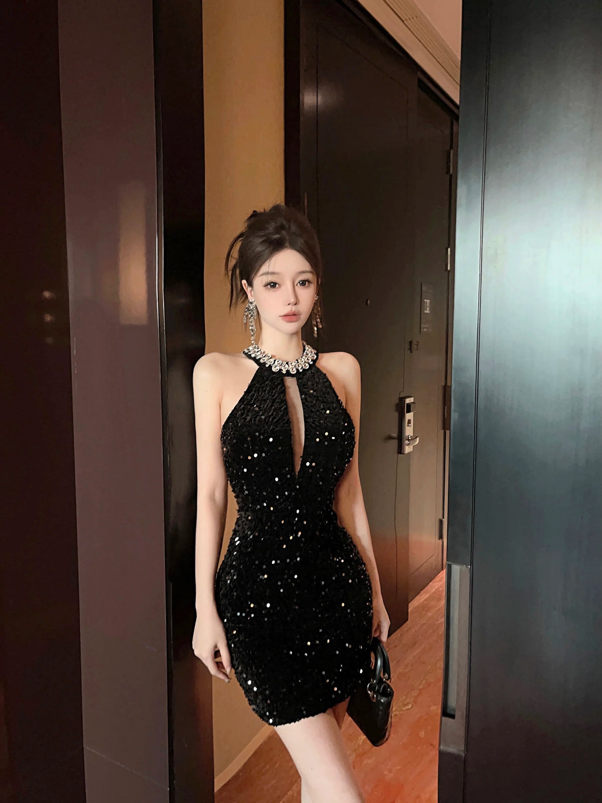Celebrity Lady Diamonds Beads Halter Black Birthday Party Dress Summer Sequined Hollow Out Sleeveless Elegant Pencil Mini Dress