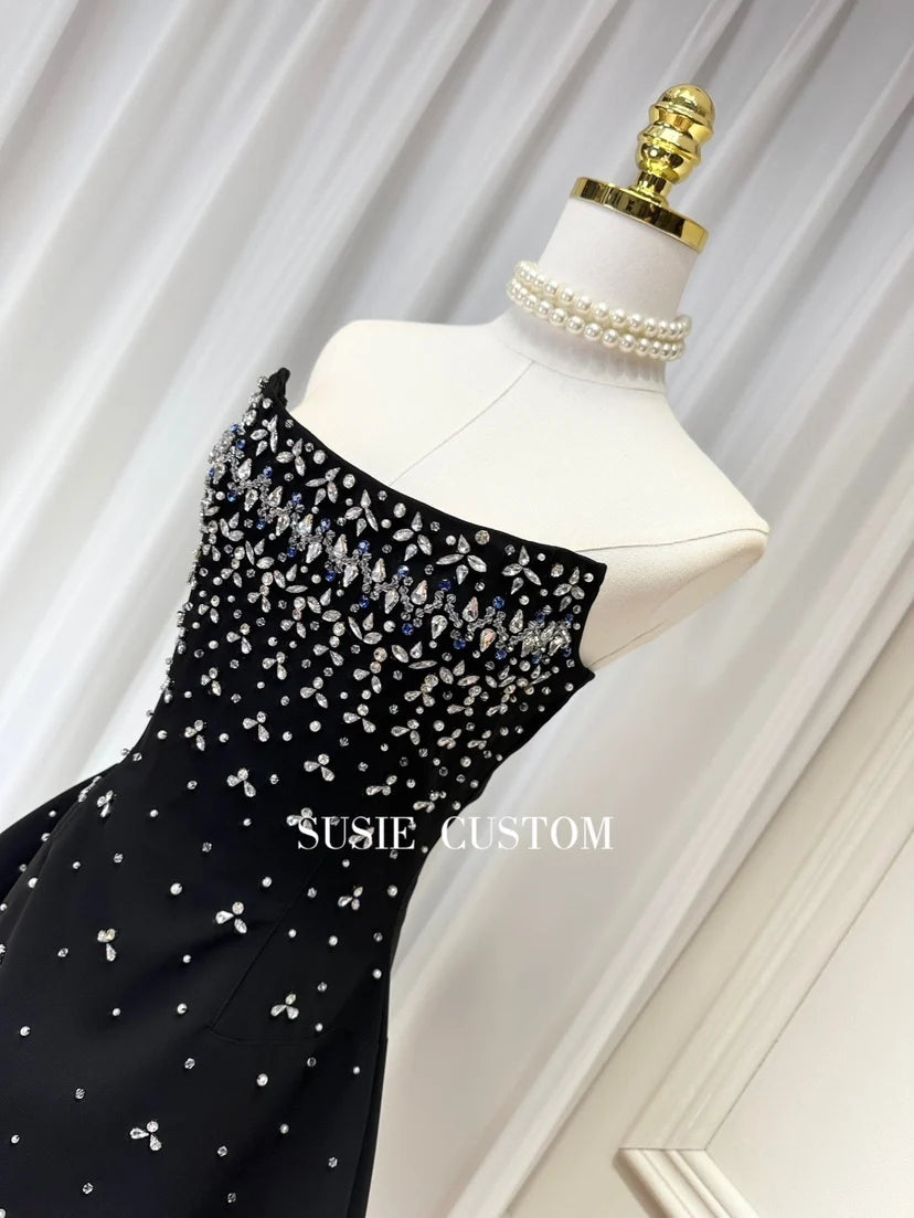 Fishbone Design Diamond Decorated A-Line Gown Heavy Embellishment Strapless Ball Gown Skirt Flounce Summer Dress