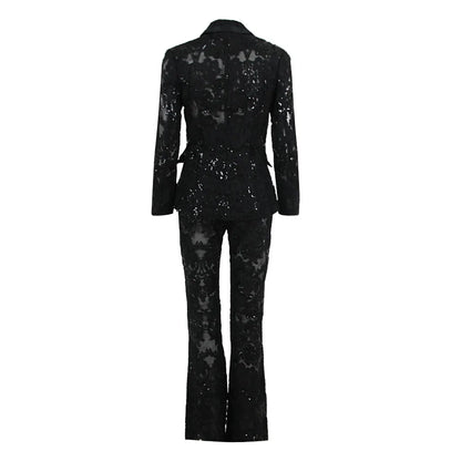 HIGH STREET Newest 2024 Designer Runway Suit Set Women's Single Button Guipure Lace Blazer  Flare Pants Set