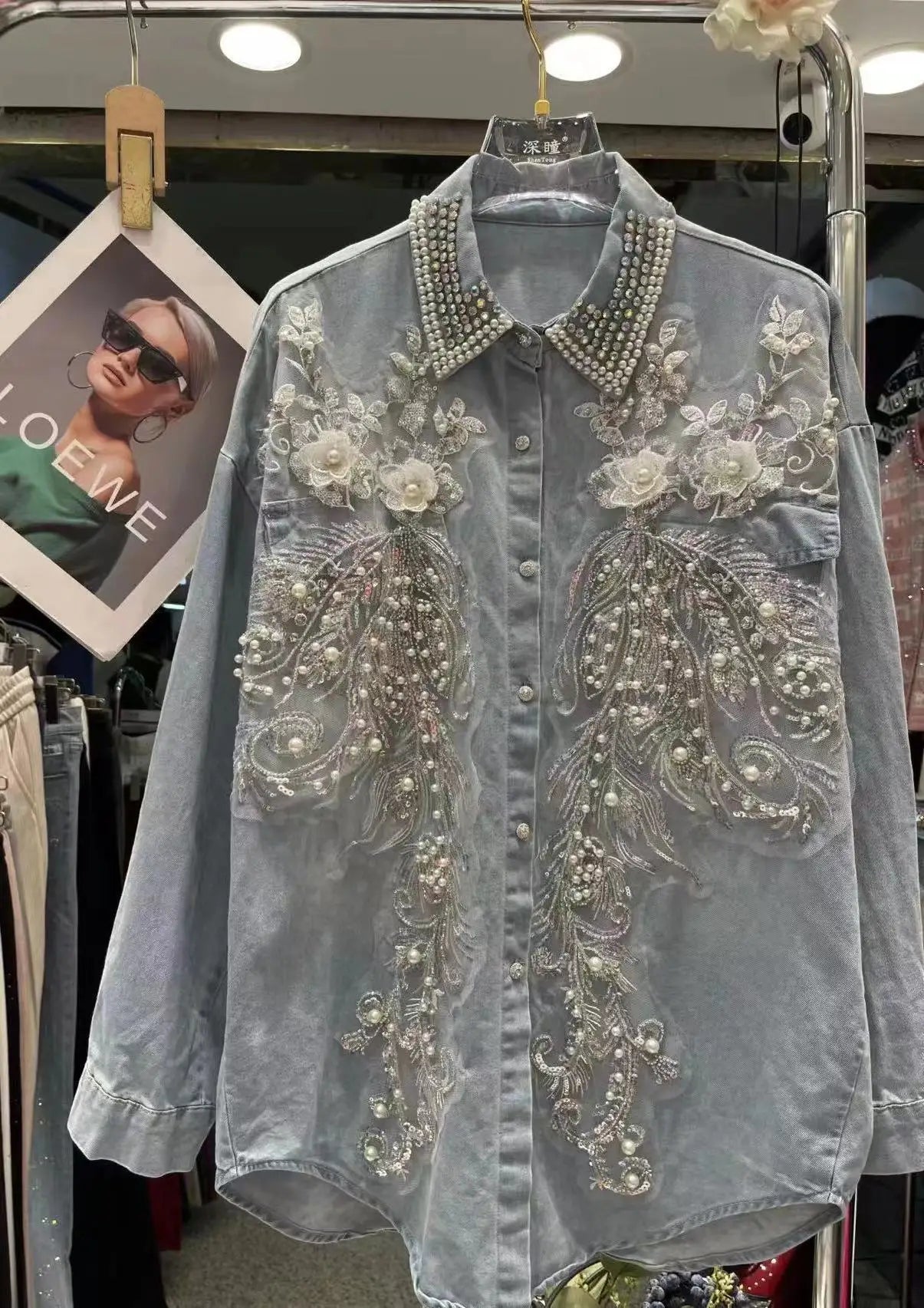 Diamonds Pearls Beaded Embroidery Denim Shirts