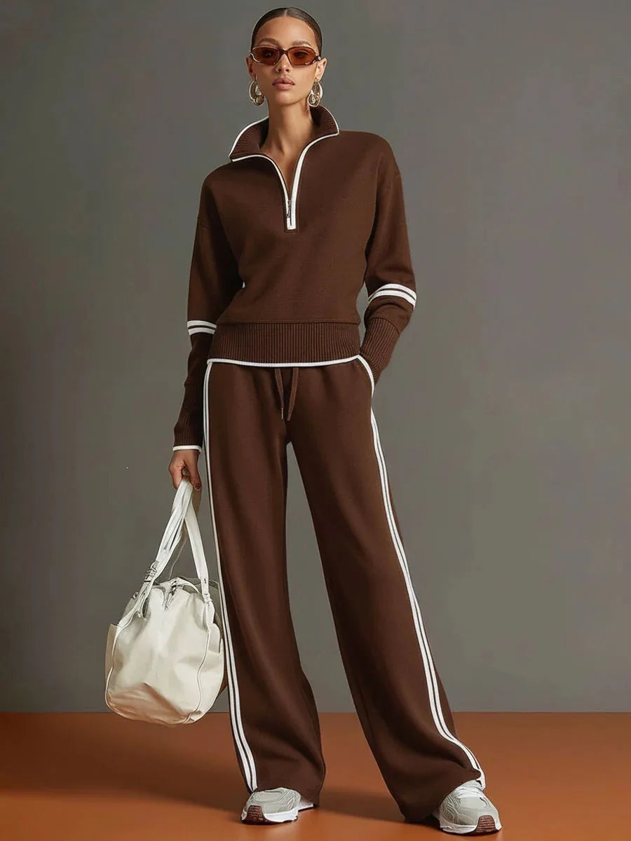Women European Style Half Zip Knit 2 Piece Outfit Stand Collar Long Sleeve Sweater Drawstring Wide Leg Pants Matching Set Casual