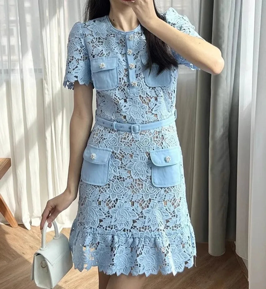 Summer Blue Floral Lace Mini dress