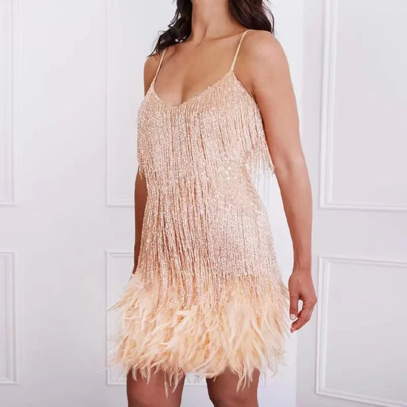 Tassel Sequins Feather Mini Dress