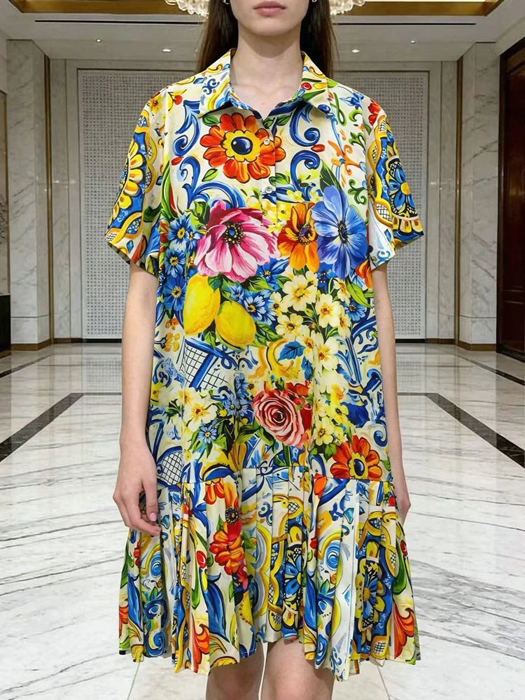 Retro geometric print lapel pullover short sleeve shirt dress 2026 summer women's tutu skirt fashion shirring loose dress - Shellss