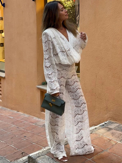 Sibybo Streetwear Lace Pants Sets For Women Sexy Deep V Neck Loose Tops High Waist Wide Leg Pants Two Piece Matching Outfits