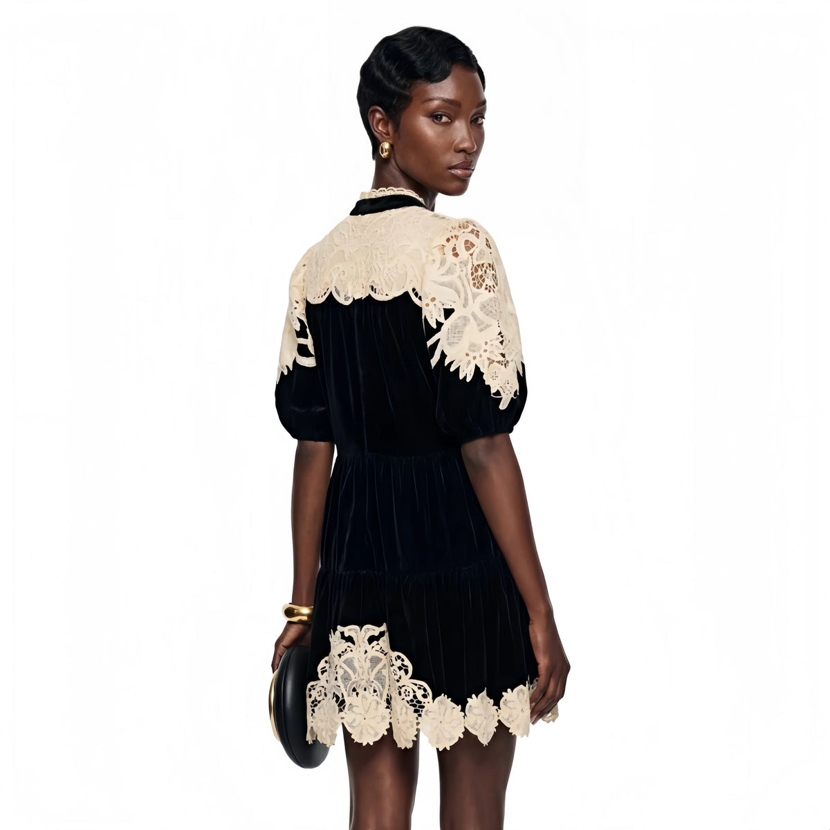 Customized Black Velvet Mini Dress Beige Crochet Lace Patchwork Puff Sleeve Bow Tie Neck Vintage Short Dress Elegant Party Dress - Shellss