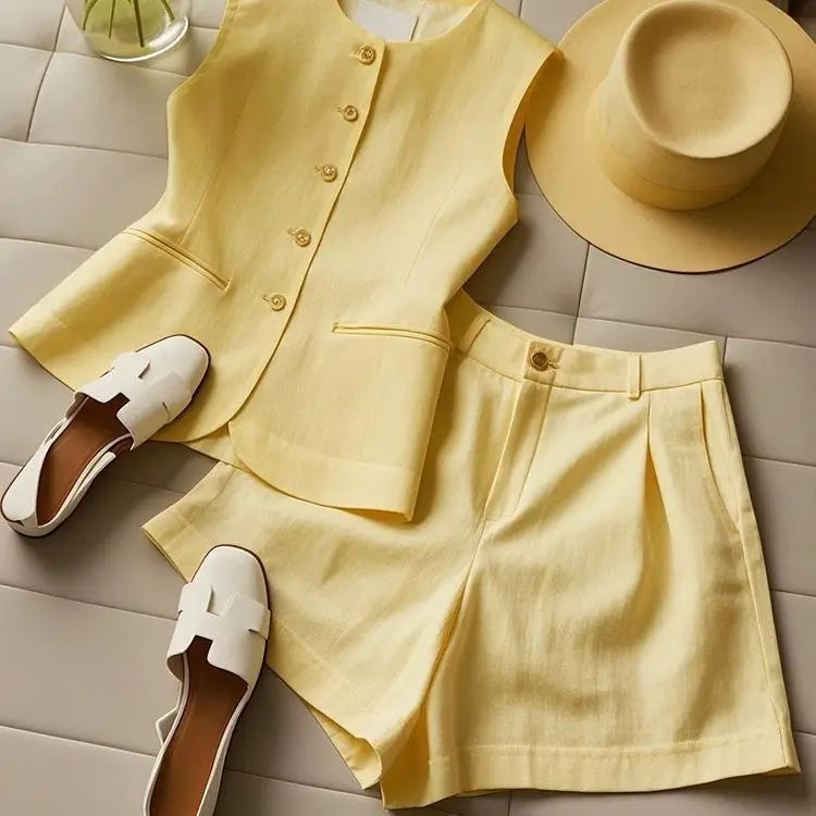 Yellow Vest High Waist Shorts Set - Shellss