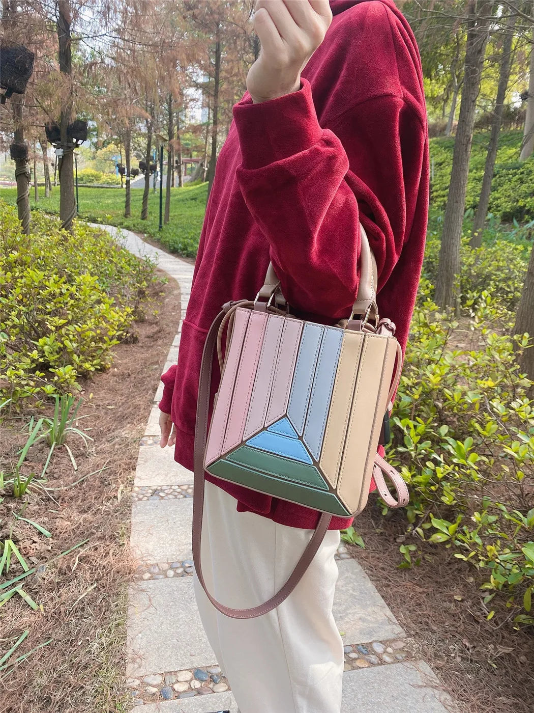 Luxury leather bag colorful Tote