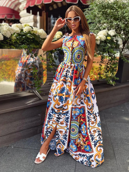 A line Bandage Print  Long Dress