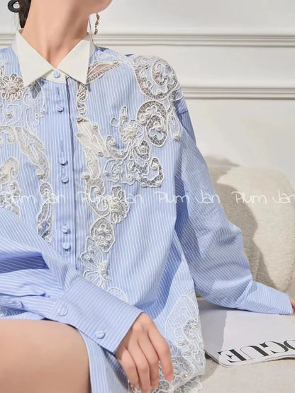 Pearls Beaded Lace Embroidery Blue Shirt